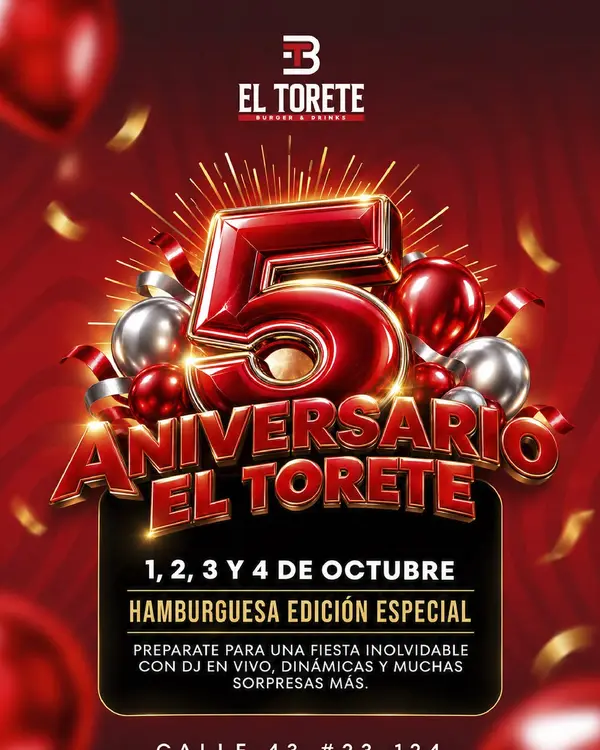 🔥 ¡CUMPLIMOS 5 AÑOS Y LO VAMOS A CELEBRAR A LO GRANDE! 🔥 En El Torete Burger & Drinks estamos de aniversario